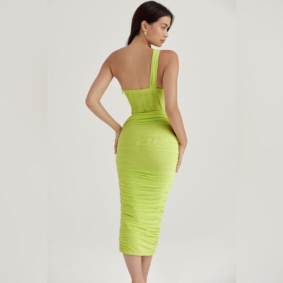 House of CB Green One Shoulder Valentina Lime Asymmetric Cut Out Midi Dress XS - Picture 7 of 11